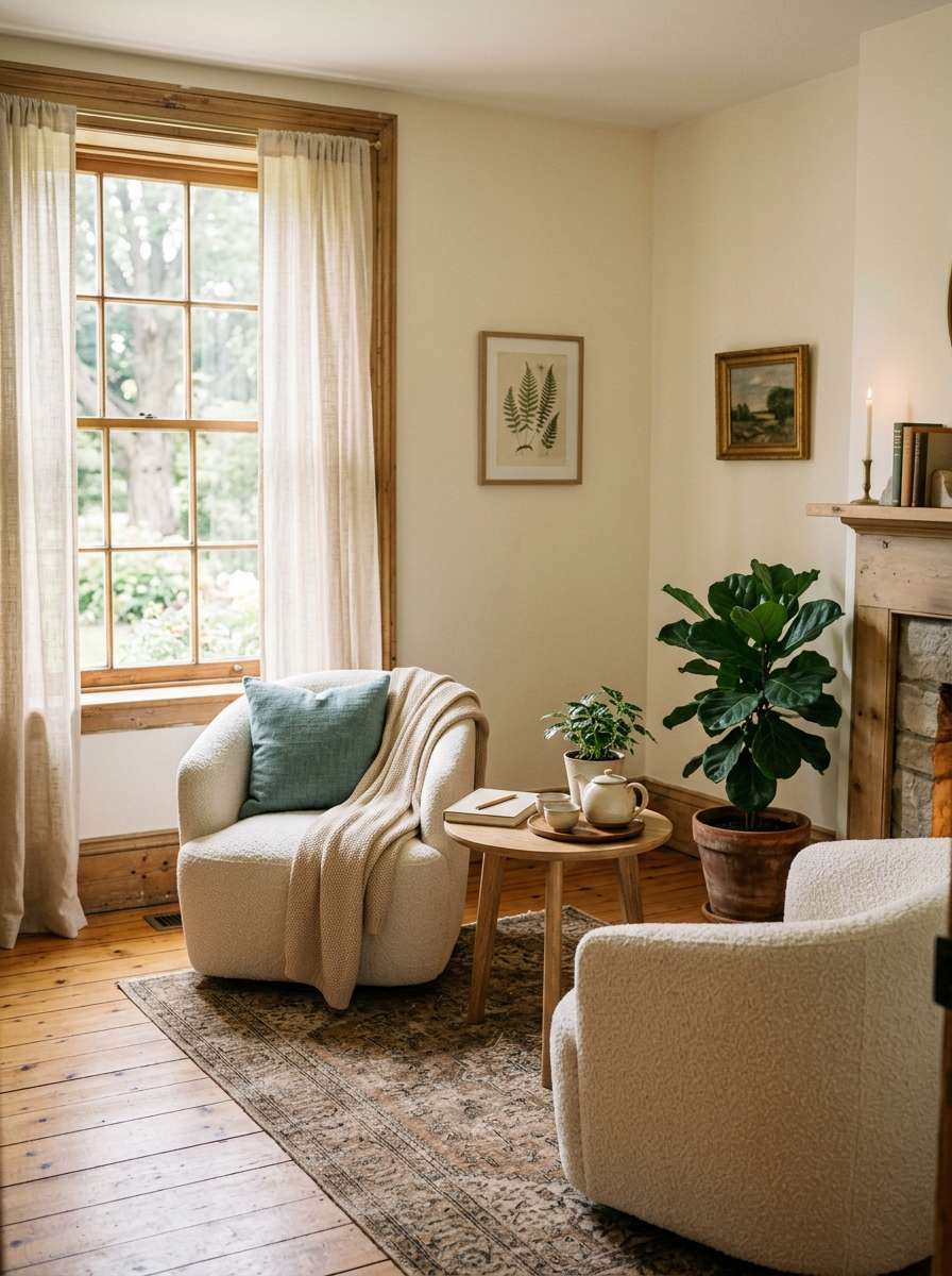Espace de rencontre lumineux avec deux fauteuils crème, une petite table et un service à thé