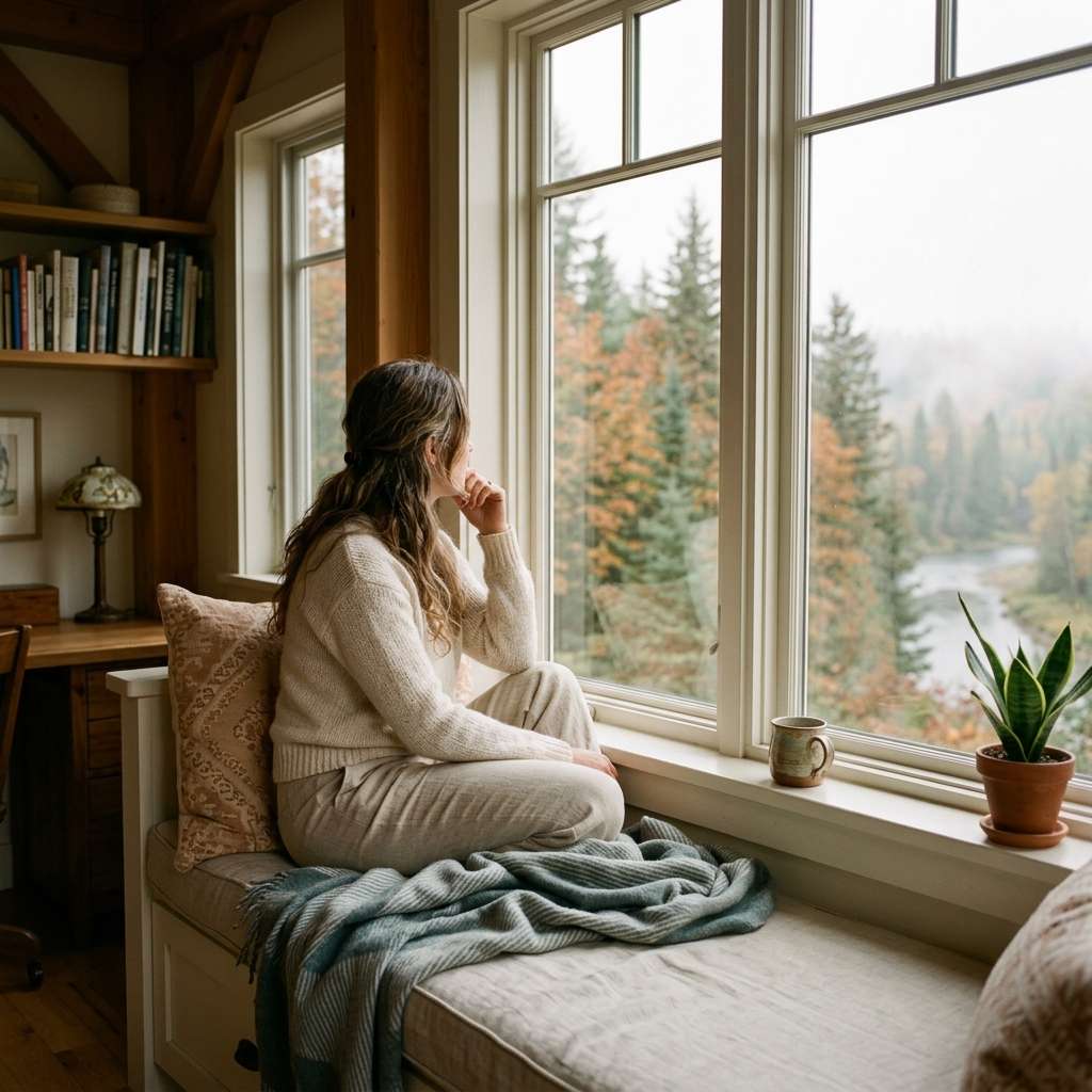 Femme en chandail crème assise près d’une grande fenêtre, contemplant une forêt d’automne et une rivière
