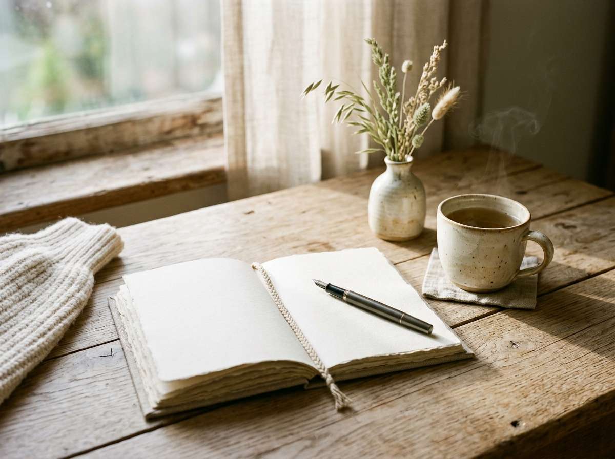 Carnet ouvert et tasse de tisane sur une table de bois près d’une fenêtre