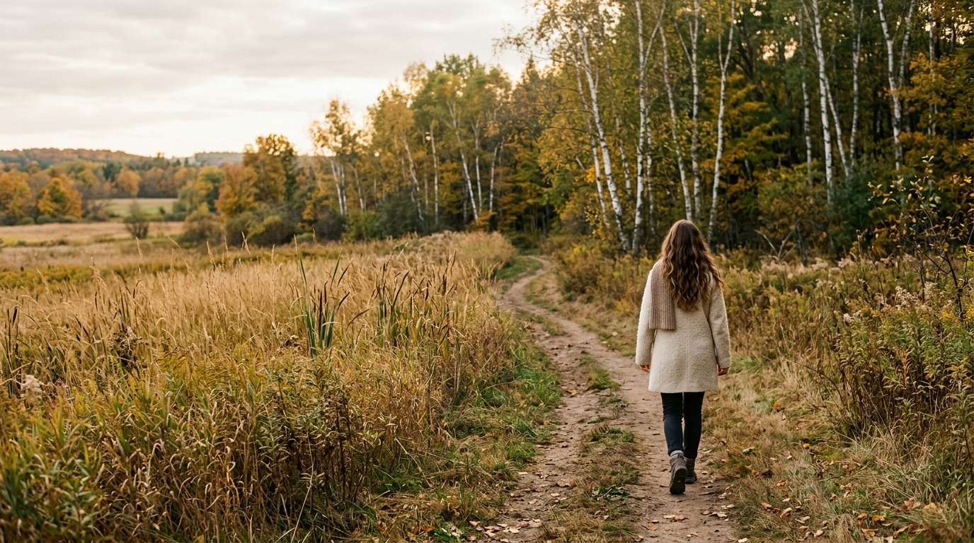 Femme marchant sur un sentier de campagne bordé d’herbes dorées et de bouleaux